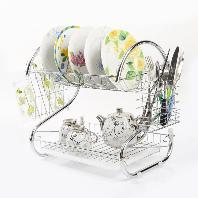 

S-shaped Kitchen Dish Cup Drying Rack Holder 2-Tier Dish Dryer Bowl Rack Sink Drainer Kitchen Storage Organizer - US Stock