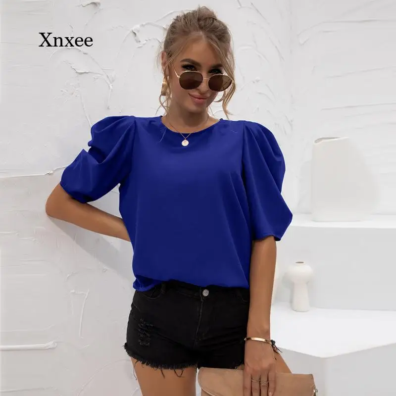 2021 New Short Puff Sleeve Shirts Round Neck Fashion Temperament Elegant Pure Chiffon Top for Women Y2K Aesthetic Tee Clothing