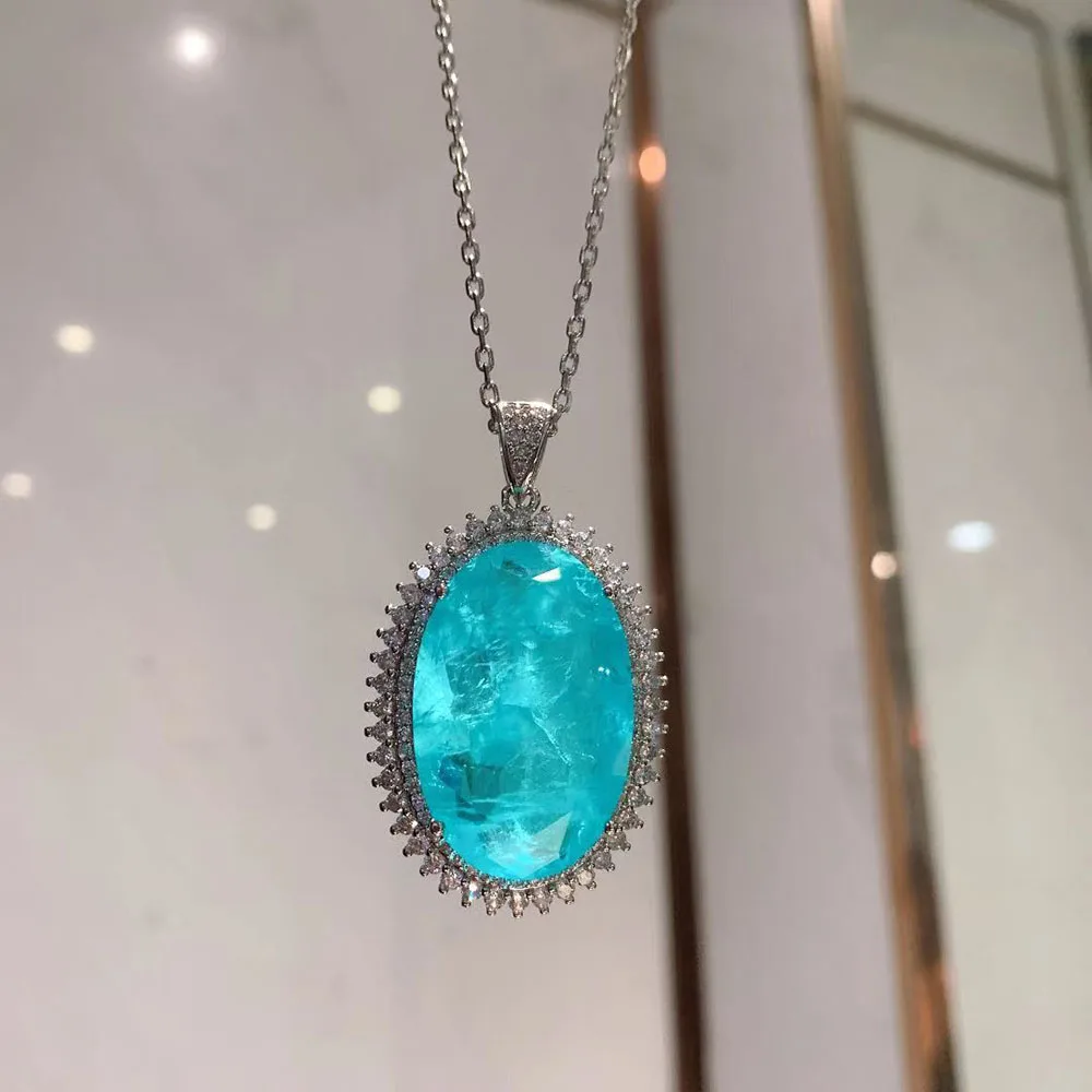 KNRIQUEN New Romantic Big Blue Stone Paraiba Aquamarine Lab Diamond Wedding Pendant Necklace for Women Fine Jewelry Female Gifts