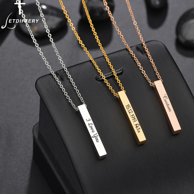 

Letdiffery Personalize Engraved Bar Necklace Custom Date Name Stainless Steel Square Chain for Women and Men Jewelry Gifts