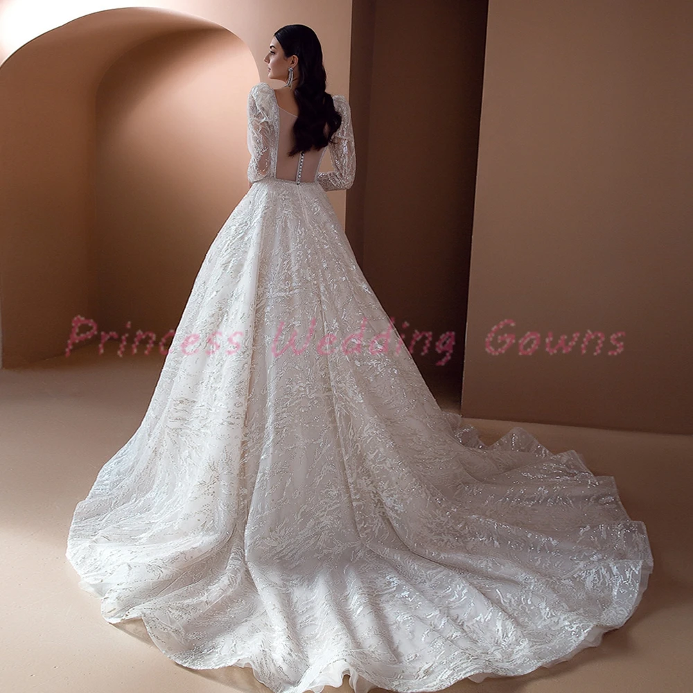 Customized Luxury Wedding Dress 2022 Long Train Square Neck Shiny Vintage Glitter Bridal Gowns Button Back A-Line PrincessVestid