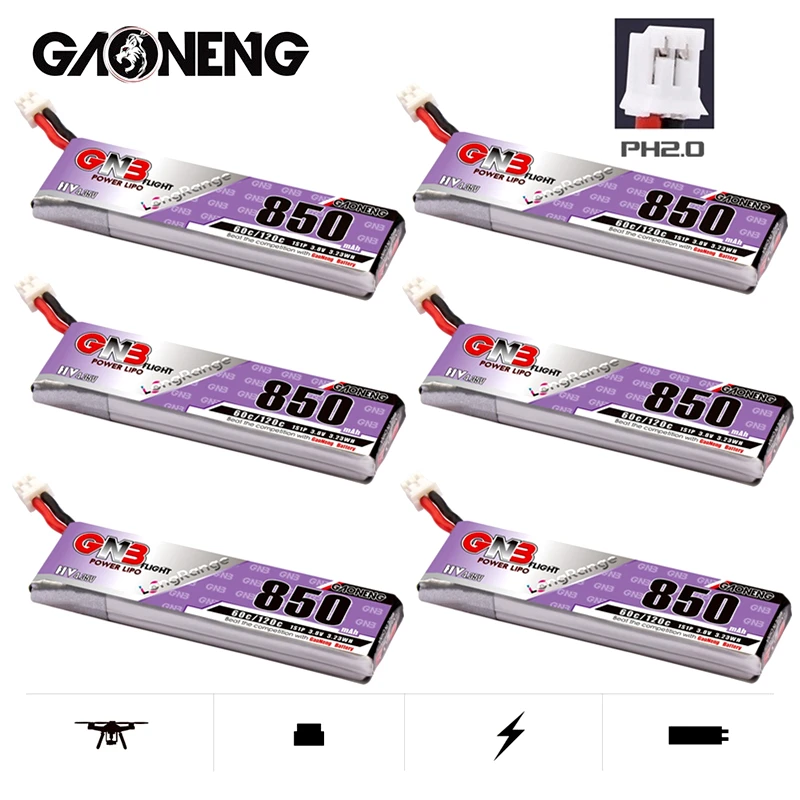 

1-10PCS GAONENG GNB 1S 850mAh 3.8V 60C/120C HV 4.35V Light Weight Long Fly Times Lipo Battery with PH2.0 Plug For FPV Drone