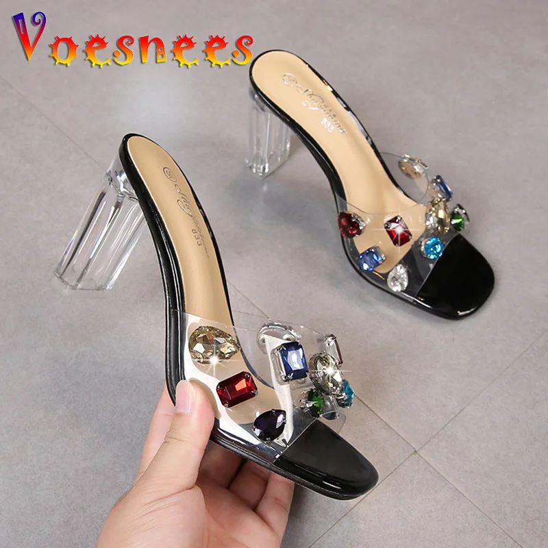 

Fashion Color Diamonds Slippers Summer Sexy Lady Transparent PVC Sandals 2022 New 9CM Crystal Square Toe High Heel Women's Shoes