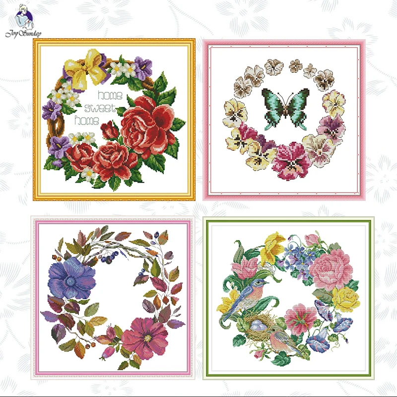 Joy Sunday Wreath Flowers Cross Stitch Kit 11CT Printed Aida Fabric14CT Counted Canvas Embroidery Handmade Needlework Gifts Sets