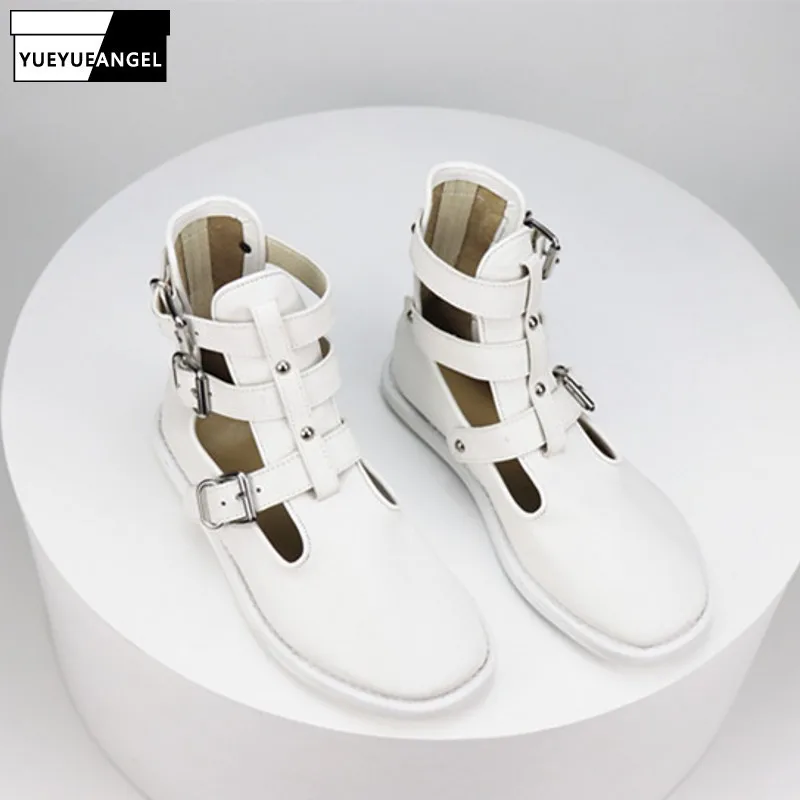 

Designer High Quality Genuine Leather Womens Flat With Ankle Boots Retro Fashion Hollow Out Buckle Round Toe Zapatos De Mujer