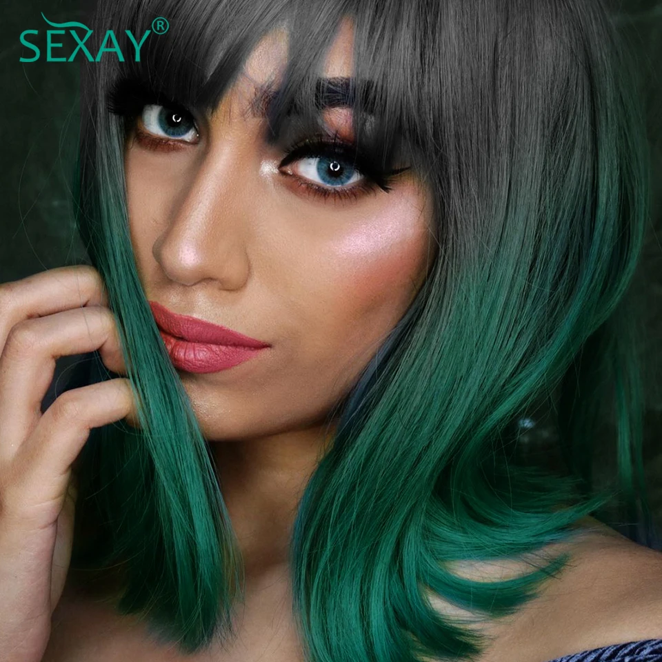 Sexay Wig Bob Pendek Hijau dengan Ketebalan 180 8-16 Inci Wig Rambut Manusia Lurus Tulang Indian Mentah dengan Wig Bang Ombre 1B Poni