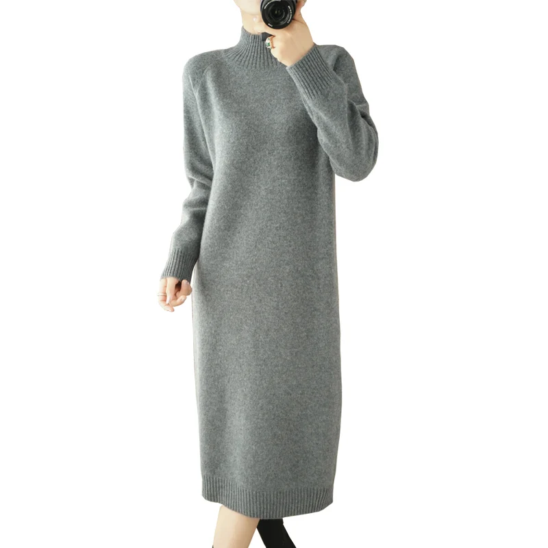 2022 Autumn and Winter New Dress Mid-length Solid Color Casual Half High Neck Knitted Warm Sweater Women Dress A695