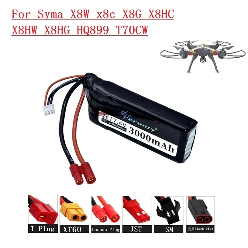 

Аккумулятор Lipo 7,4 в 3000 мАч 45C для Syma X8W x8c X8G X8HC X8HW X8HG HQ899 T70CW, запасные части для радиоуправляемого квадрокоптера, аккумулятор 2s 7,4 В