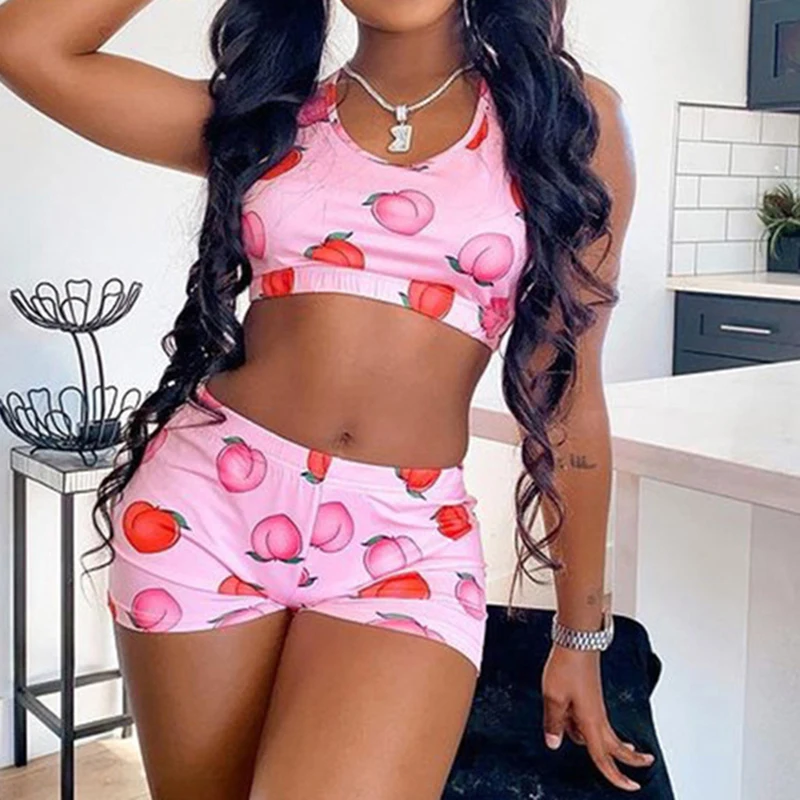 

OMSJ Y2K Summer Girly Peach Print Homewear Suit Pink Round Collar Sleeveless Mini Tank Top And Shorts Active Matching Set Casual