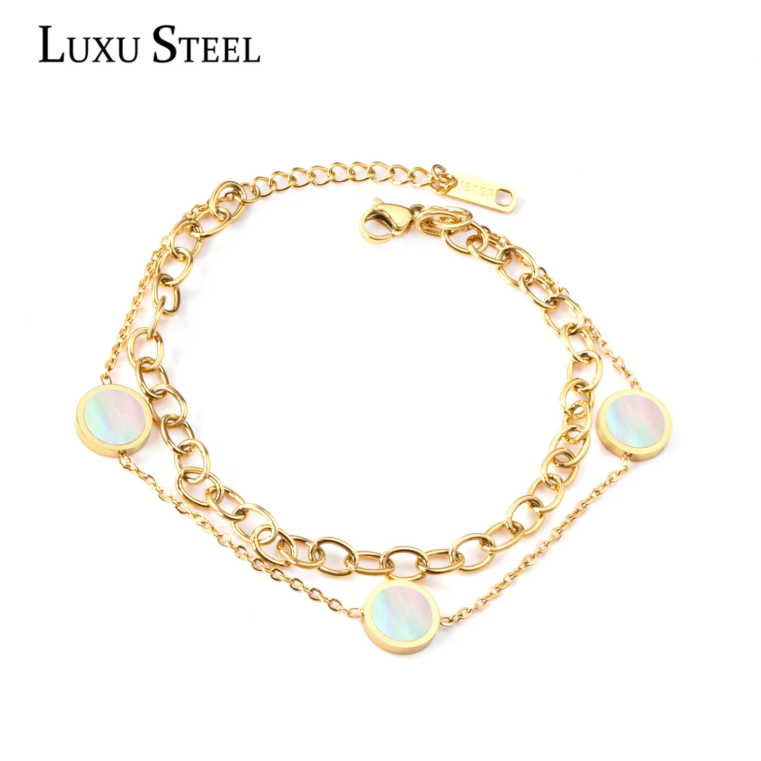 LUXUSTEEL Pulsera Acero Inoxidable Mujer Stainless Steel Round Shell Chains Bracelets Golden Color Double Layers Bracelets