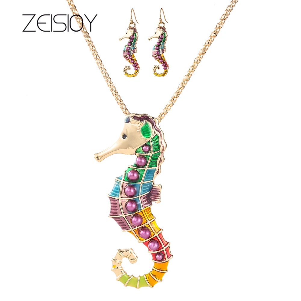 2-piece set of golden sea horse seahorse with dripping oil pendant necklace jewelry making