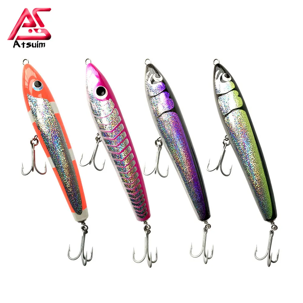 AS Stick Baits Treble Hooks 200g Top Water Handmade Wooden GT Tuna Trolling Lure Pencil Boat Fishing Artificial Bait