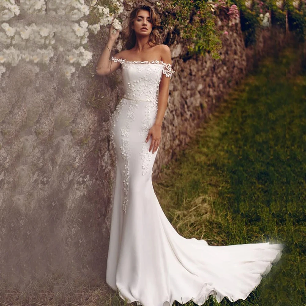 Mermaid Wedding Dress 2024 Off The Shoulder with Long Train for Bride Lace Applique Sexy Tull Satin Lace Up Bridal Gown