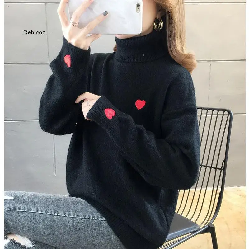 Autumn Winter Korean Fashion Pink Pull Femme Print Heart Autumn Winter Clothes Embroidery Turtlenec Knitted Sweater Pullover