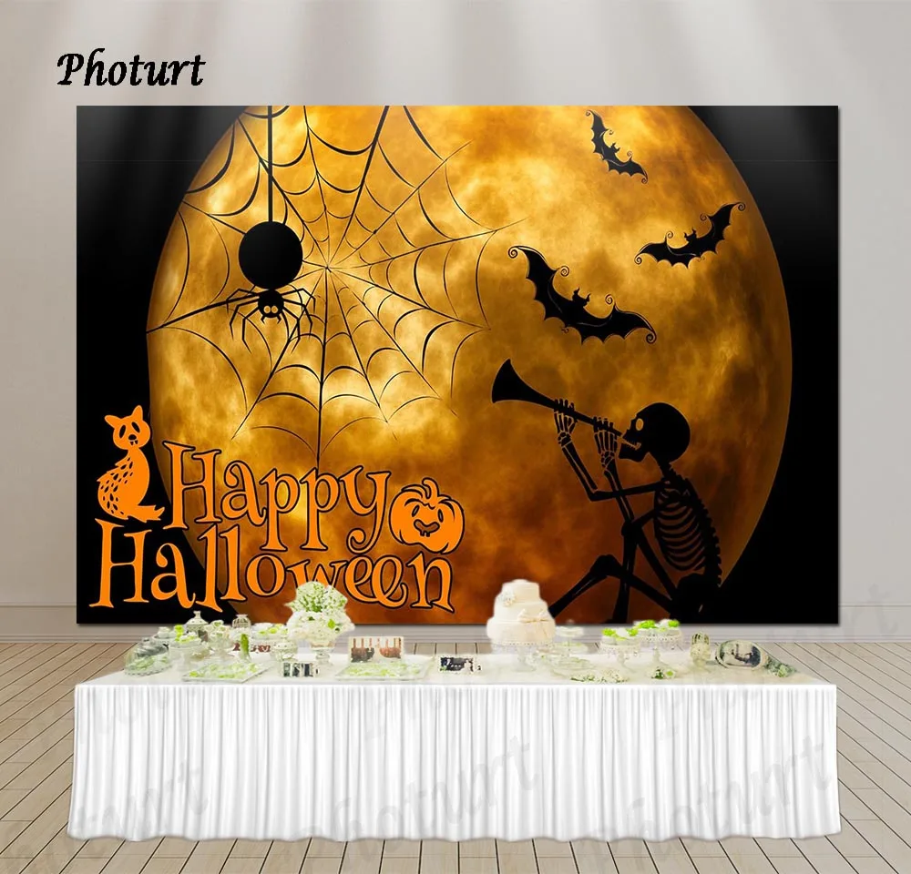 PHOTURT Happy Halloween Backdrop Festival Decoration Photography Banner Bat Sider Full Moon Vinyl Photo Background Props