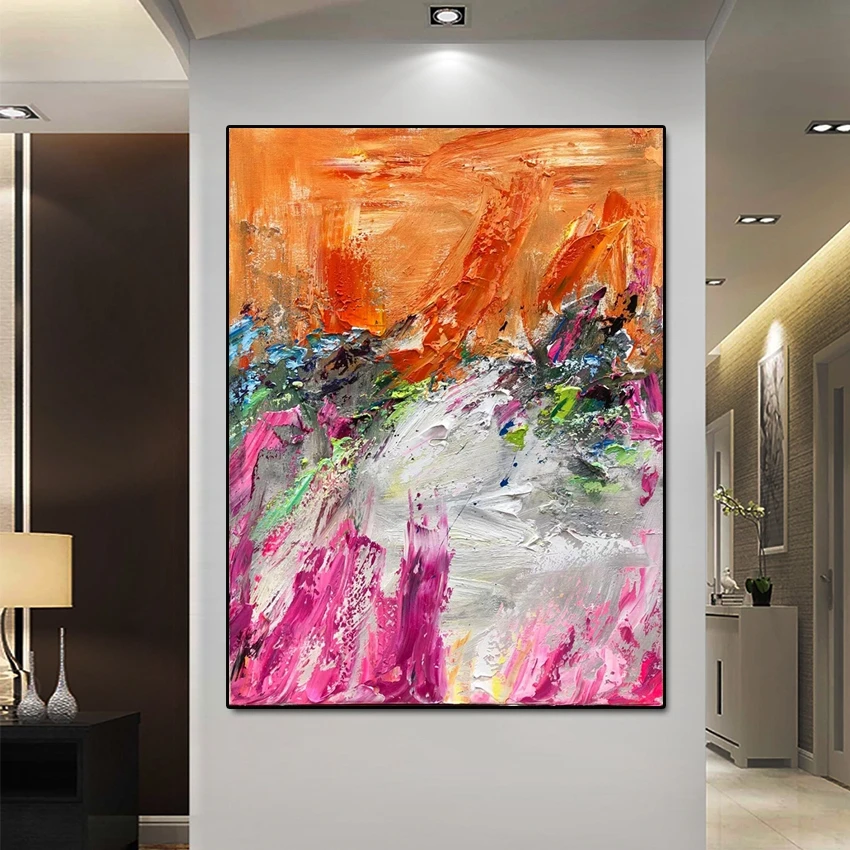 Handmade decorative knife painting, living room mural, abstract orange and pink picture art without frame on canvas