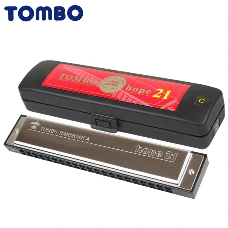 Tombo 6621 Hope 21 Tremolo Harmonica 21 Holes Brass Reeds Blues Harp Mouth Organ Key C Notes ABS Wood Musical Instruments Silver