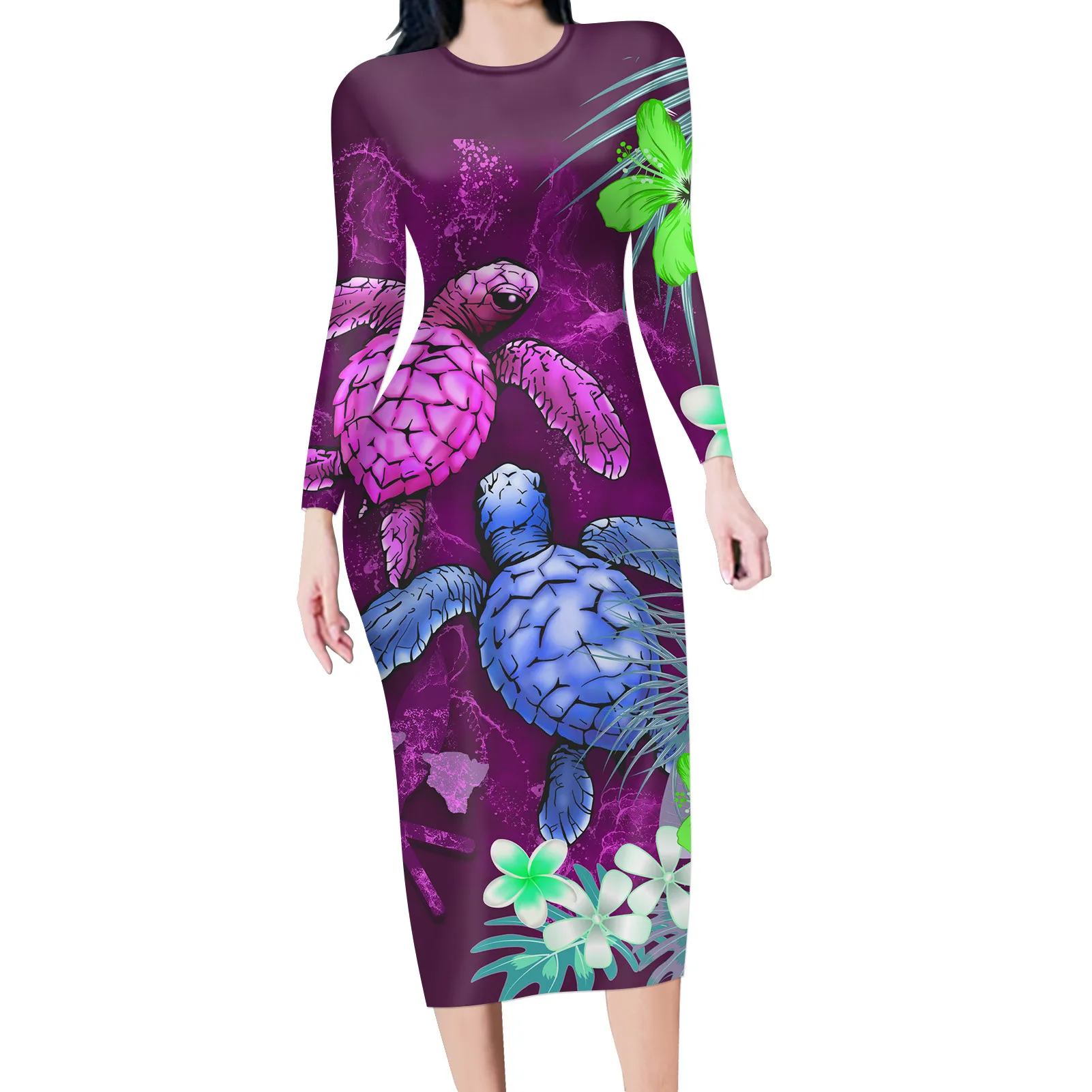 HYCOOL 2021 Spring Purple Stylish Dress Long Sleeve Sexy O-Neck Bodycon Dresses Hawaii Floral Sea Turtle Print Dresses Vestido