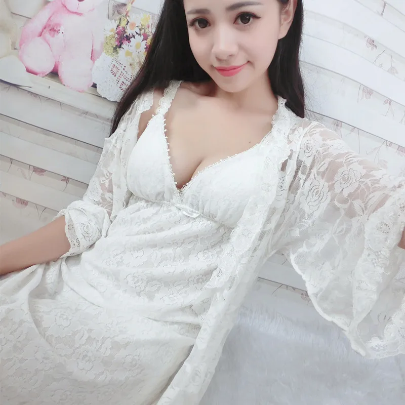 

Autumn Beautiful Lace Robe With Chest Cushion Halter Belt Nightdress Lace Princess Sleepwear Home Dress Lounge Intimate Lingerie