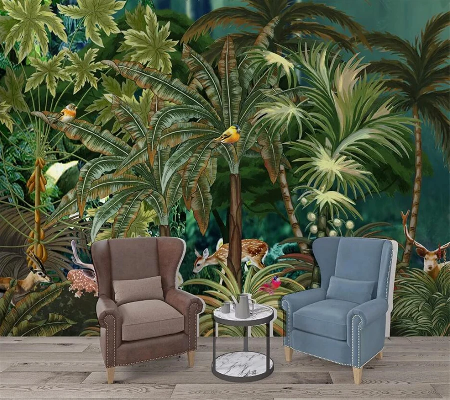 

Custom wallpaper 3d mural HD giant Nordic hand-painted tropical rainforest forest flowers and birds TV background wall paper 3d