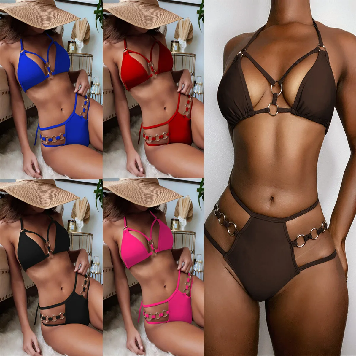 2024 New Women's Supper Sexy Halter Bikini Set Solid Hollow Out Triangle Eye Catching High Quanlity Fashion Simwear With Ring