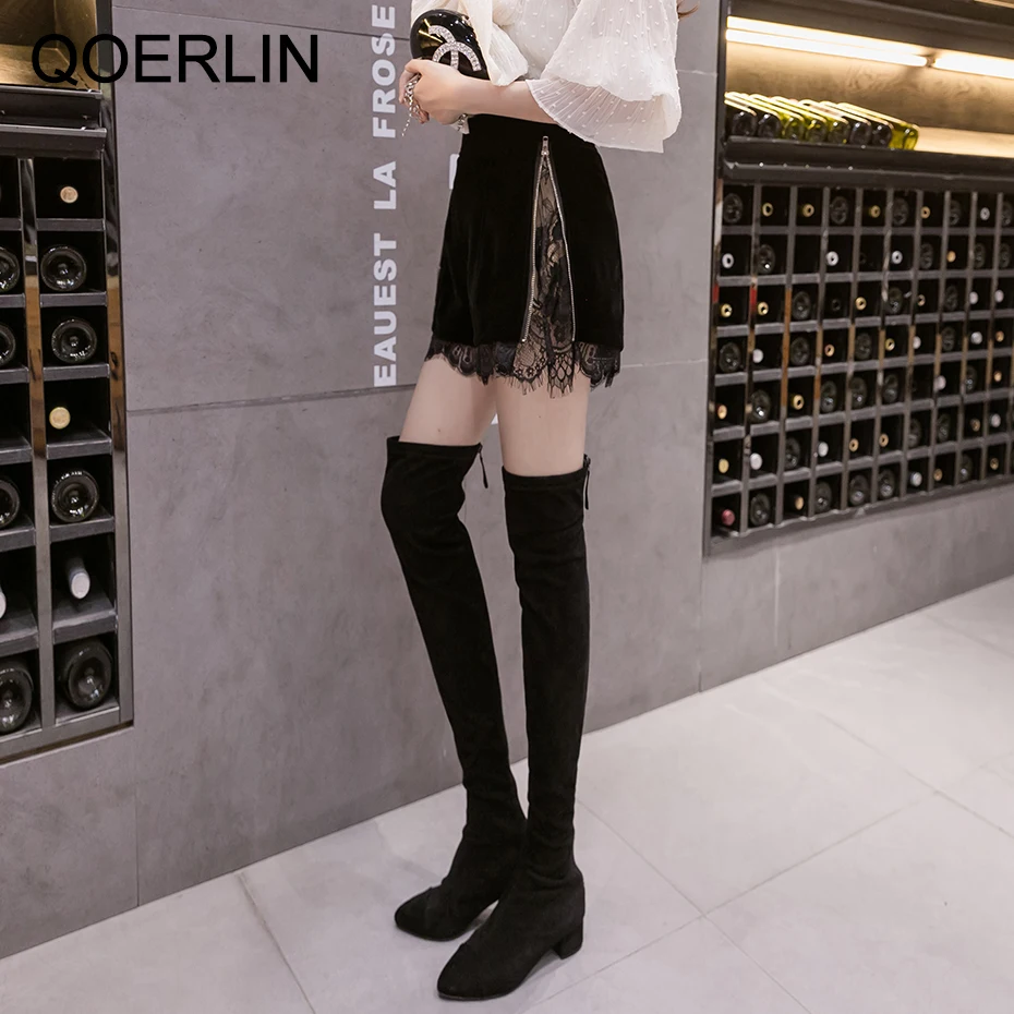 QoerliN – Shorts en velours pour femmes, Sexy, en dentelle, taille haute, Slim, fermeture éclair sur le côté, pantalon droit