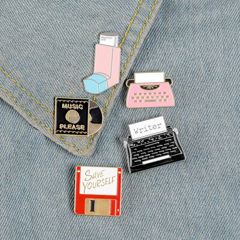 Breather Save Vinyl Record Typewriter Enamel Pin Custom Brooches Clothe Vintage Fun Badge for Bag Lapel Jewelry Gift for Friends