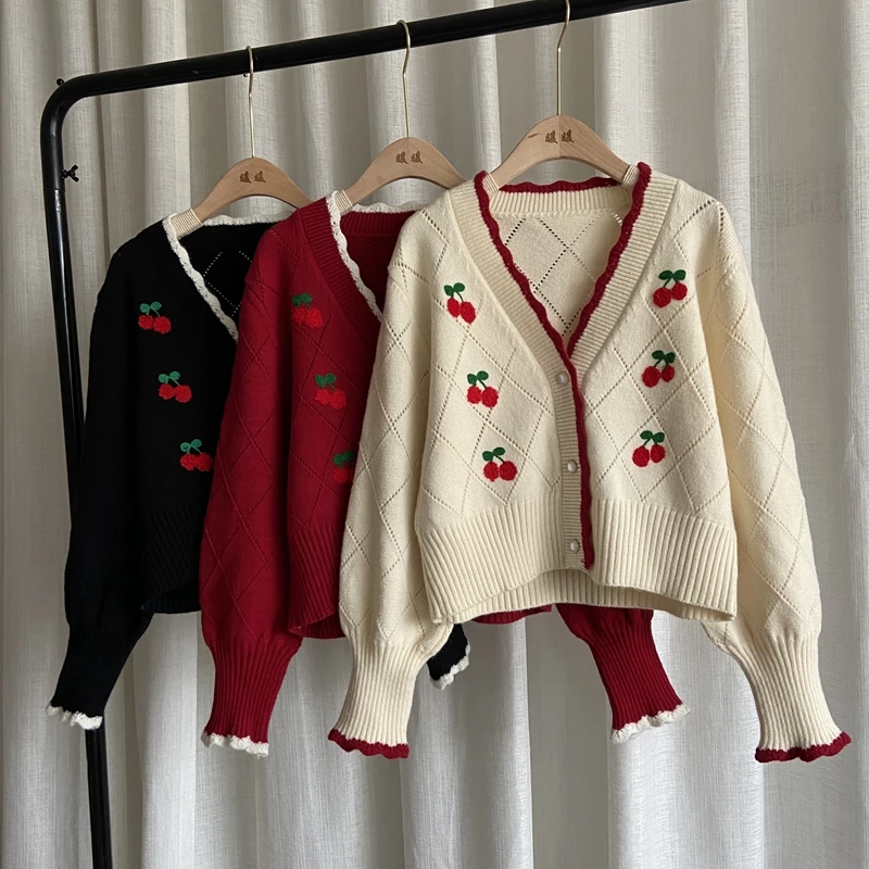 Cherry Embroidered Knit Sweater Cardigan Women Knitted Coat Single breast Puff sleeve  Sweet Cardigan Autumn Loose Top