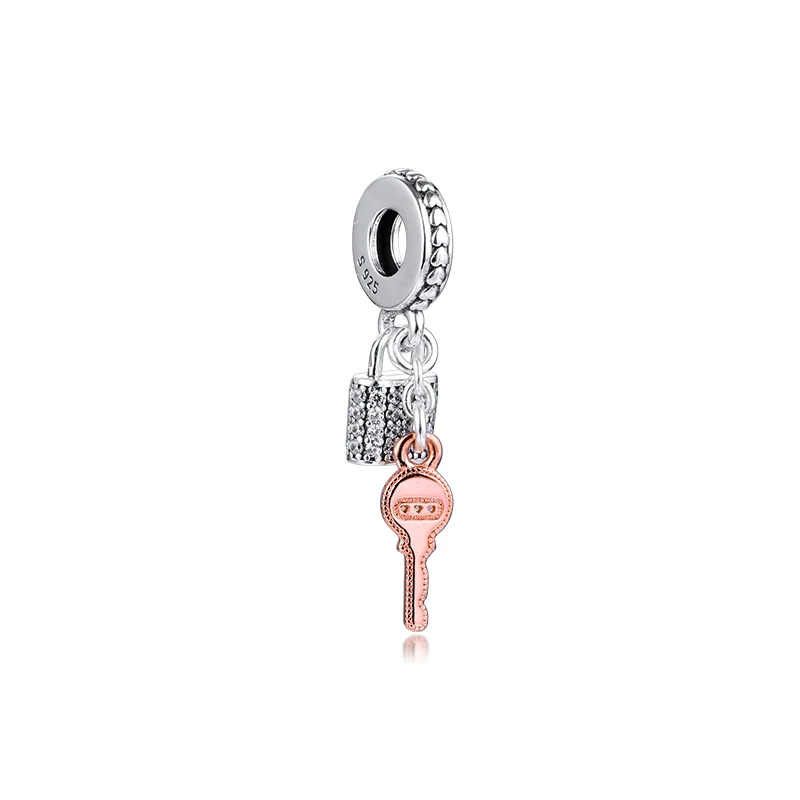 925 Silver Beads Pave Padlock and Key Dangle Charm Woman DIY Beads For Jewelry Making Fits European Sterling Silver Bracelets