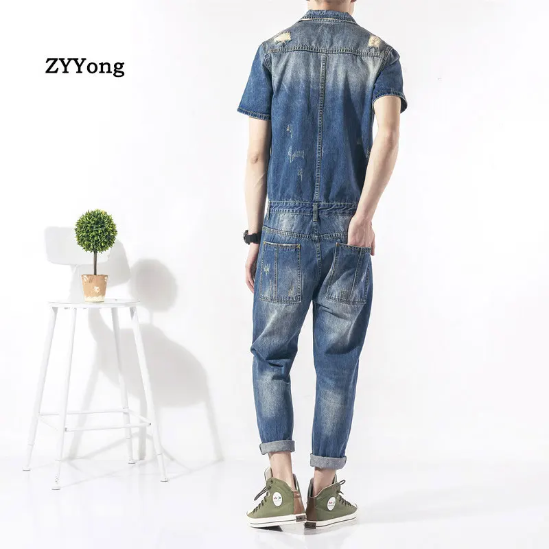 Summer Men Hole Denim Jumpsuit Overalls Short-Sleeved Casual Comfortable Hip-Hop Ripped Jeans Cargo Pants Streetwear Trousers