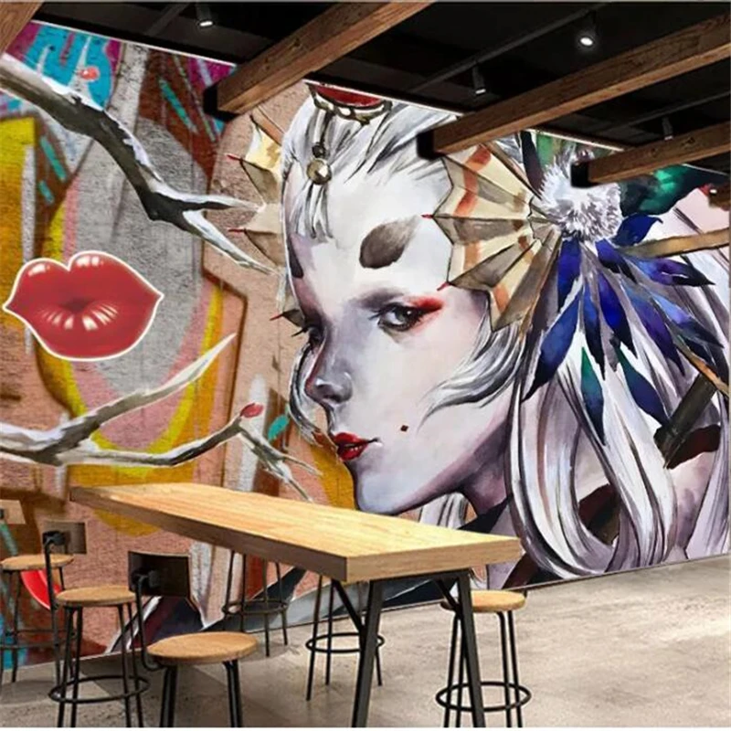 

wellyu Customized large mural retro nostalgic beauty avatar graffiti bar background wall wallpaper Papel de parede