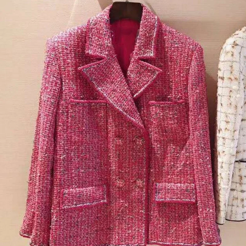 Short Autumn Coat Women Pink Brand Elegant Double Breasted Tweed Jacket Female Streetwear Loose Fit Office Outerwear S-L