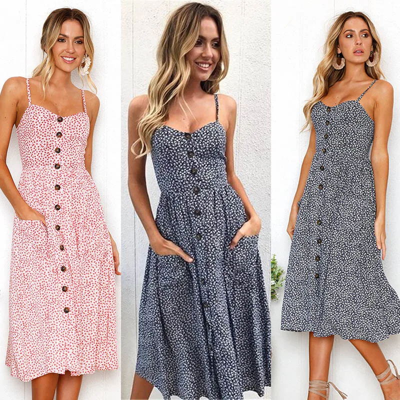 Boho Sexy Floral Dress Summer Vintage Casual Sundress Female Beach Dress Midi Button Backless Polka Dot Striped Women Dress2024