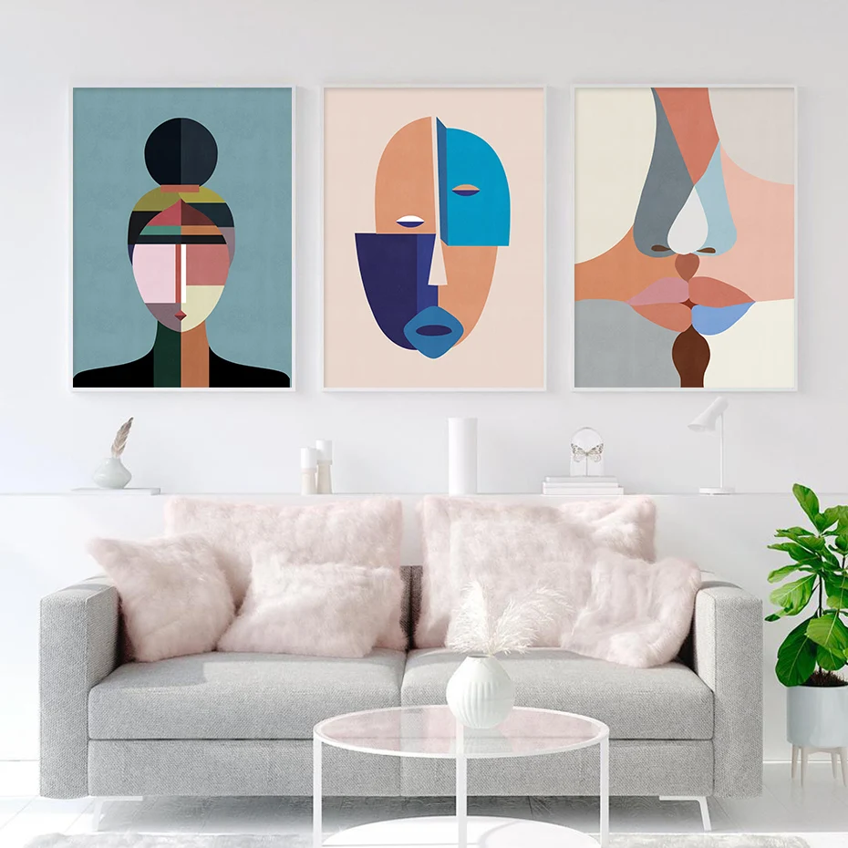 Contemporary Abstract Canvas Painting - Colorful Figure Face Kiss Wall Art Print Living Room Home Decor