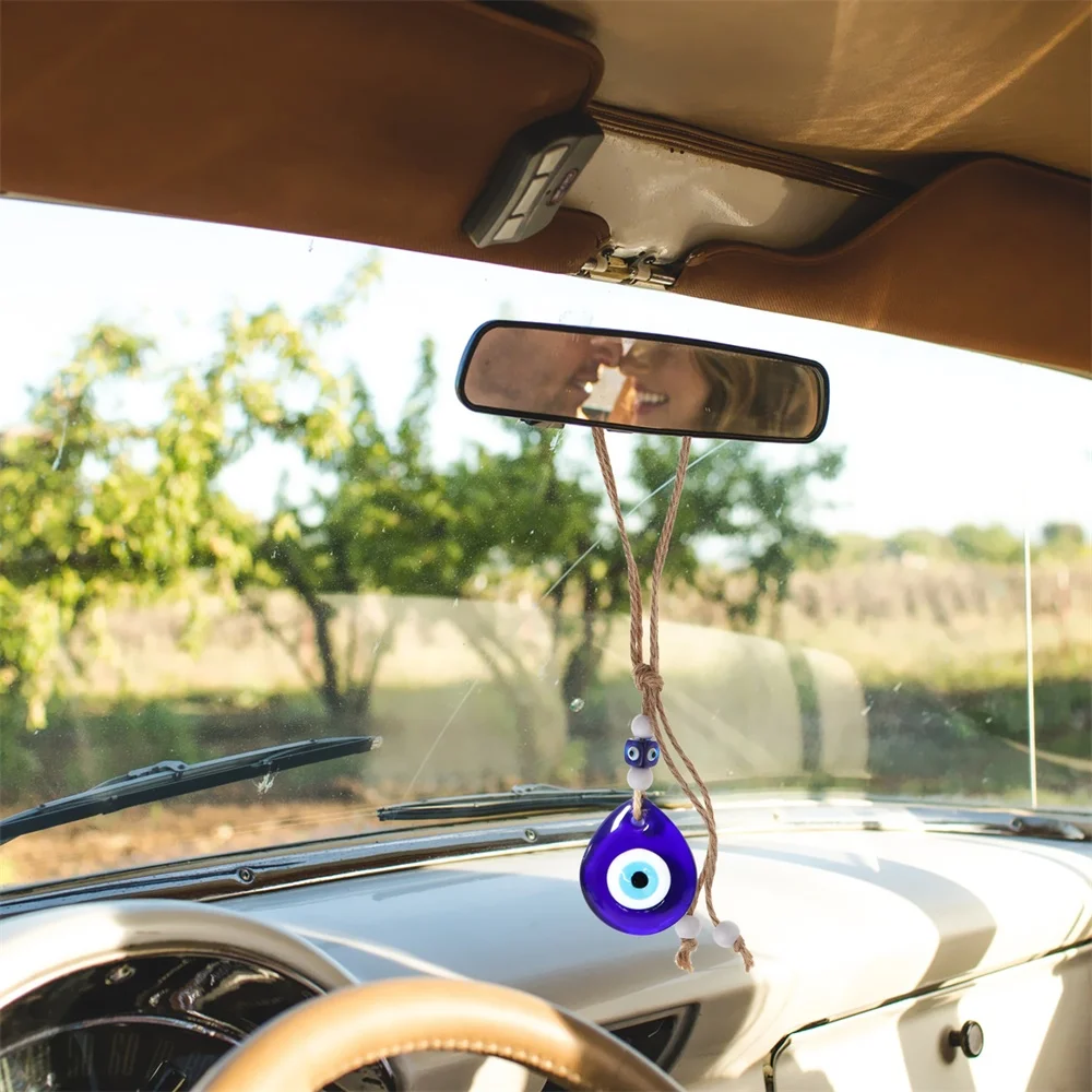 Evil Eye Navy Blue Hanging Car Charm Ornament Accessory for Rear View Mirror in Glass Blessing Ornament Reflect Negative Energy