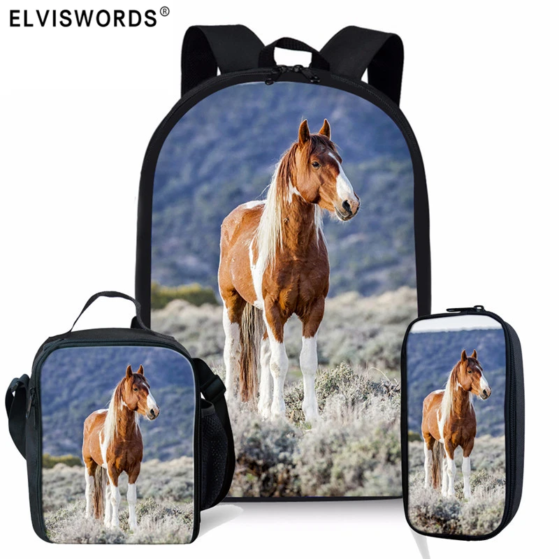 ELVISWORDS-mochilas escolares con estampado de caballo para niños y niñas, morrales escolares de viaje, 3 unids/set por juego