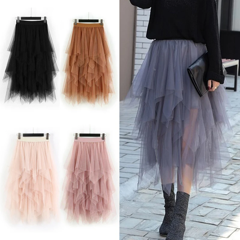 2020 asymmetrische Hohe Taille Rüschen Mesh Tutu Tüll Lange Midi Rock Für Frauen Schwarz Weiß Rosa