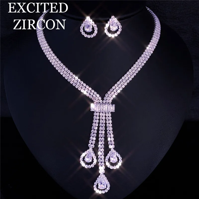 

Luxury bling rhinestone zircon woman necklace earrings two-piece set wedding bride bridesmaid fashion jewelry accessories