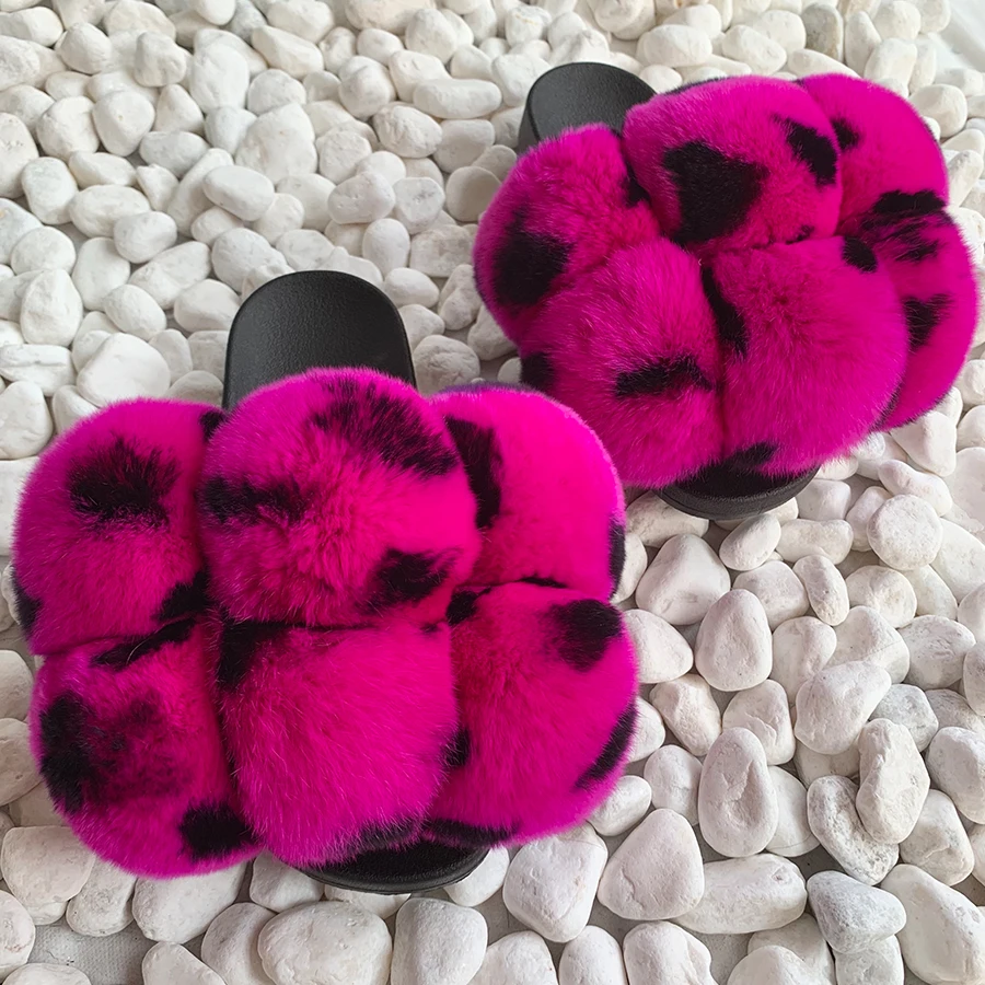 Pom Pom Fur Slippers Women Fluffy Sliders Furry Sandals Real Rabbit Fur Slippers Fox Fur Slides Multicolor Customize