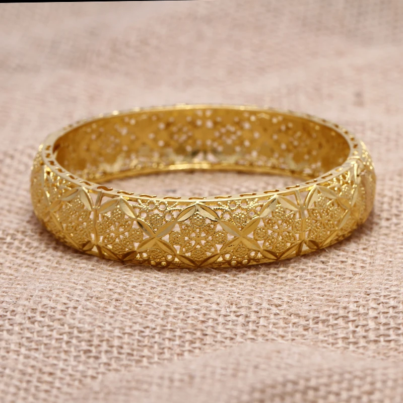 Dubai Gold Color Big Flowers Bangles Set for Women Copper Alloy Ethiopian Arabic Indian Style Wedding Jewelry Gift