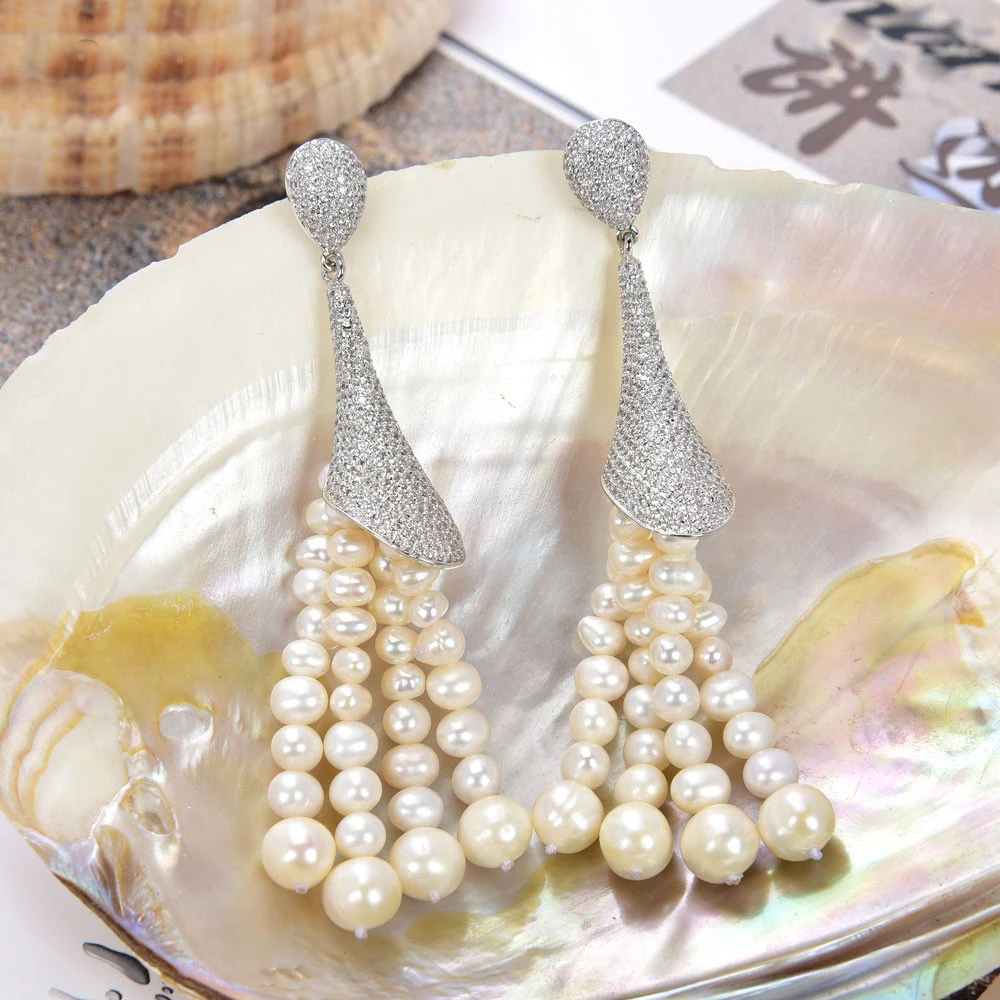 3.7'' White Pearl Tassel Golden Plated CZ Earrings