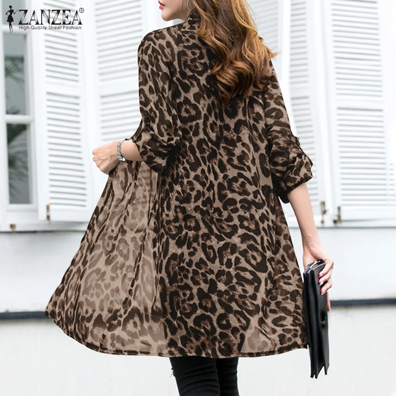 Sexy Leopard Cardigans Women\'s Summer Blouses ZANZEA 2023 Casual Long Kimono Cape Female Lapel Tunic  Chemise Top