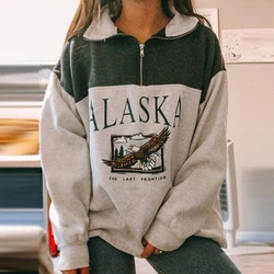 Eagle Vintage Letter Printing Cotton Sweatshirt Women Loose Oversized Pullover 2020 New POLO Collar Large 2XL Warm Winter Tops