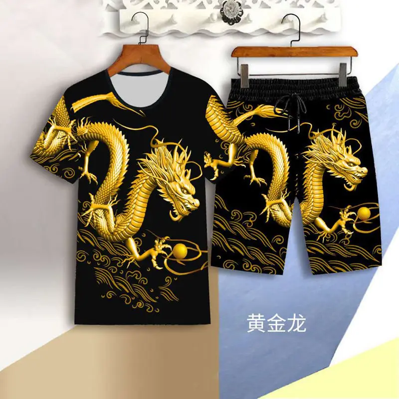 

Summer men's sportswear dragon suit male 3D wolf head short-sleeved casual slim T-shirt shorts Chinese dragon print sportswear