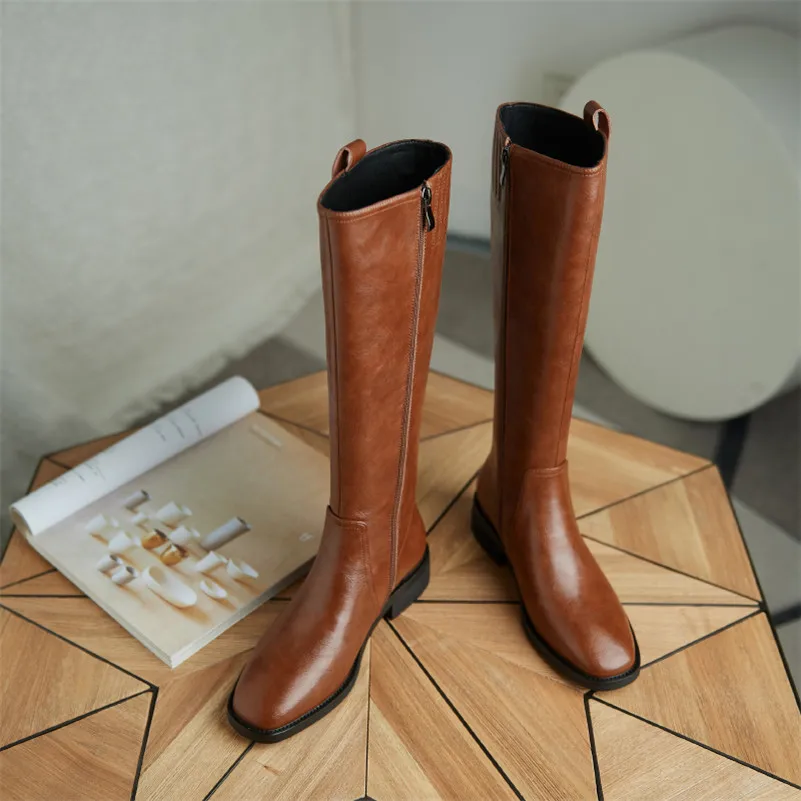 Meotina Med Heel Riding Boots Woman Block Heel Knee High Boots Zipper Square Toe Long Boots Female Shoes Autumn Winter Brown 40