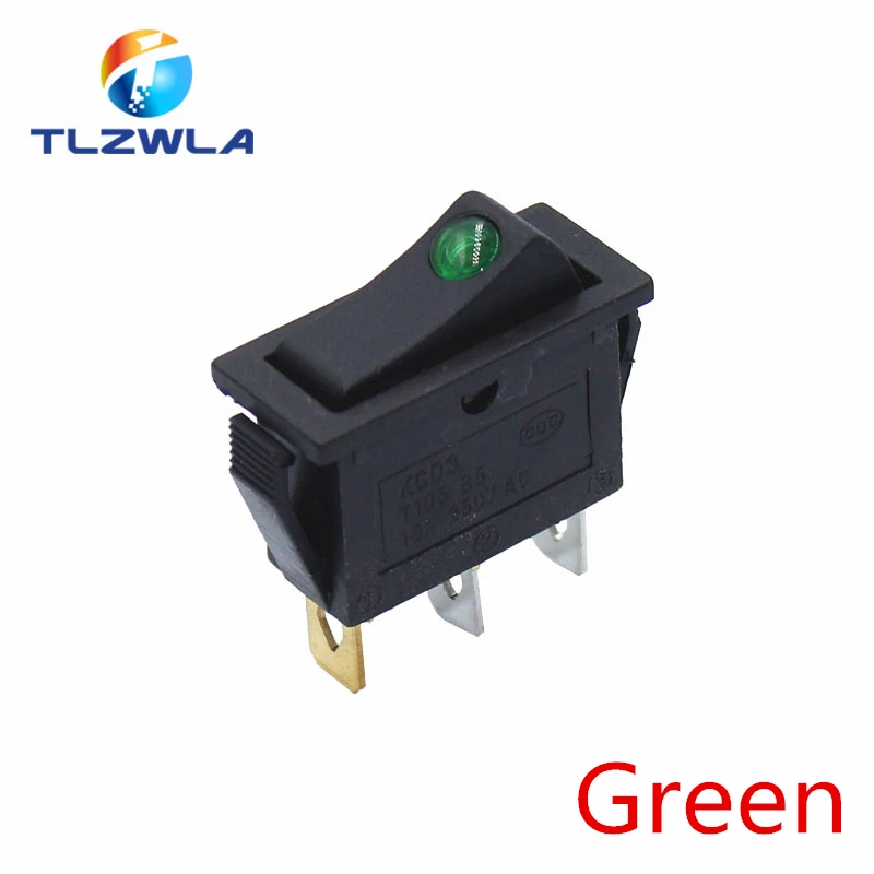 1PCS KCD3 Black Rocker Switch ON OFF 3Pin Latching 16A 250VAC With Dot LED For Motor Car Auto Switch Red Blue Green Yellow Light