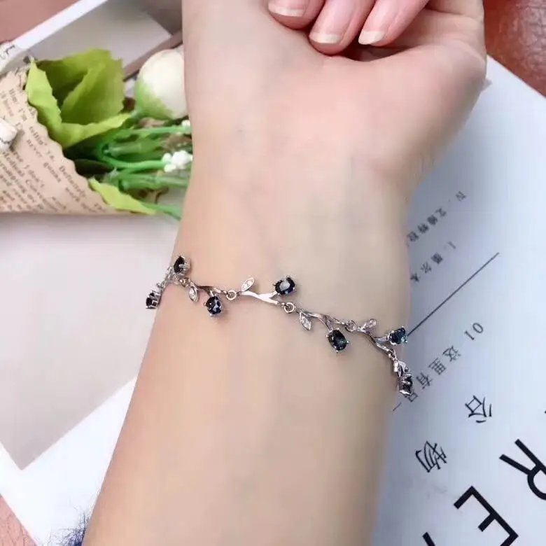 

natural blue sapphire stone Bracelet Natural gemstone bracelet 925 sterling silver Classic elegant round for women party fine