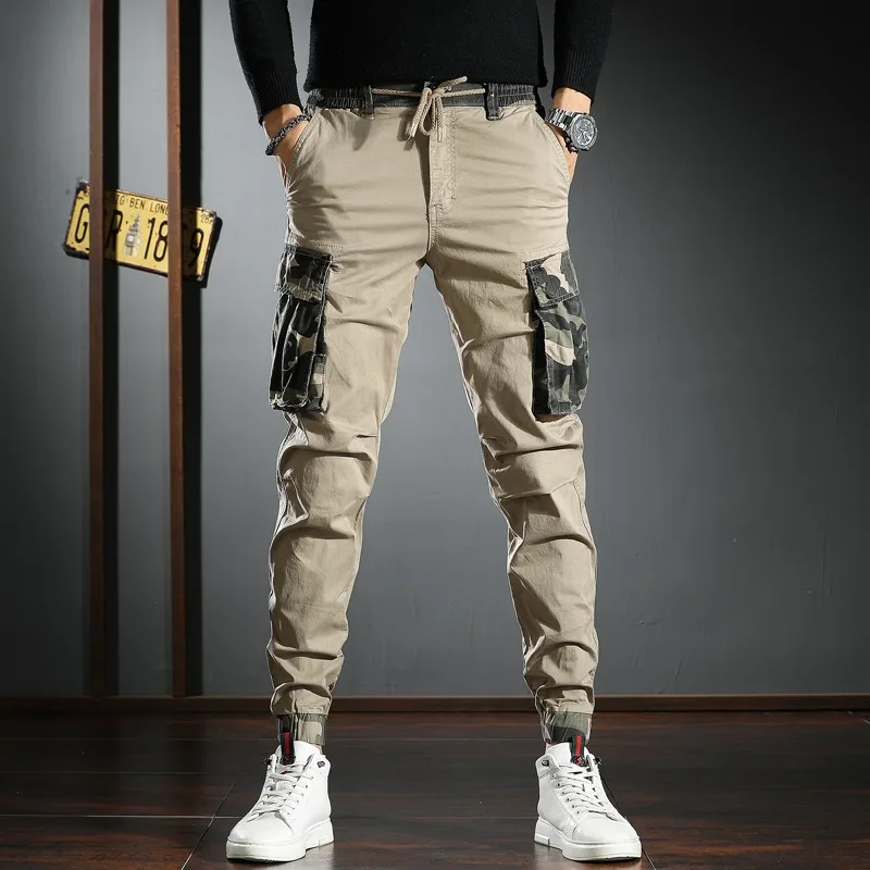 Fashion Tactical Khaki Cargo Pants Men Camouflage Side Pockets Cotton Casual Streetwear Hip Hop Slim Fit Trousers