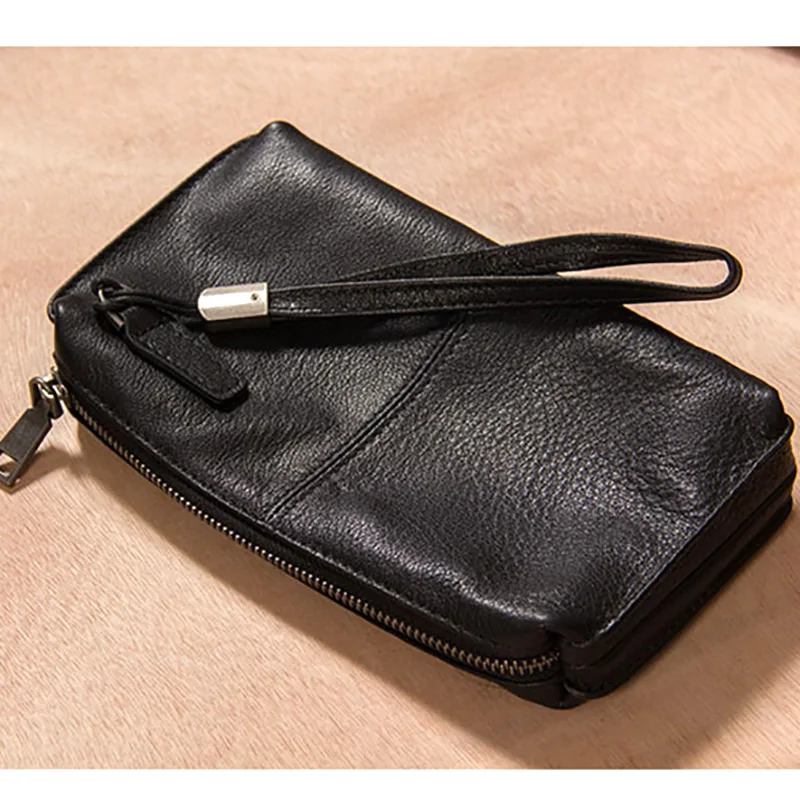 Bolso de cuero AETOO, Cartera de piel de vaca suave con cremallera para hombre, bolsa de teléfono móvil de gran capacidad, bolsa de mano