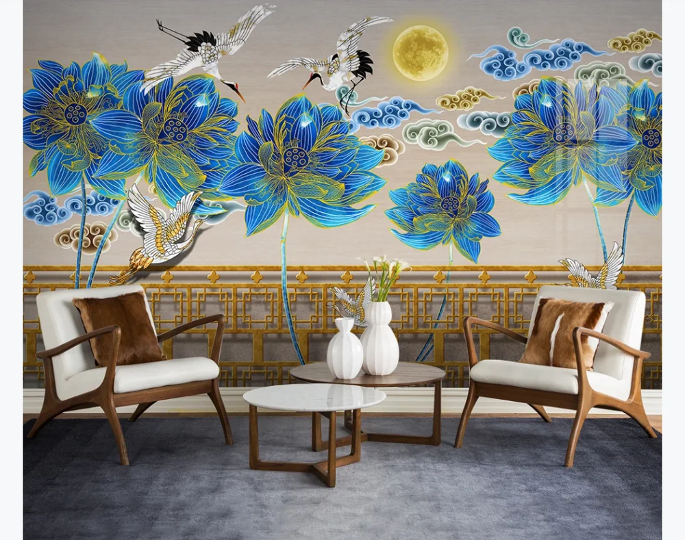 

Пользовательские 3D фото обои роспись новый китайский чернильный рисунок Лотос благоприятное облако Сказочный журавль фольклорсветильник роскошный фон wal